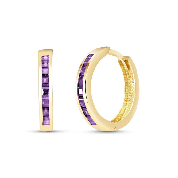 Galaxy Gold Products Jewelry - 14K. SOLID GOLD HOOP HUGGIE EARRING WITH AMETHYSTS (Yellow Gold)